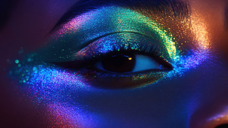 This captivating close-up image showcases a beautiful eye adorned with colorful glitter and shimmering makeup, highlighting artistic expression and creative design.の素材