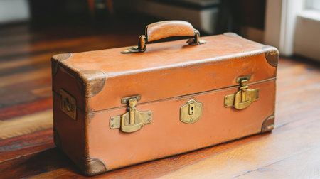 A vintage leather tool case featuring brass fittings, placed on a wooden floor. This unique piece enhances any space with its classic charm and craftsmanship.の素材