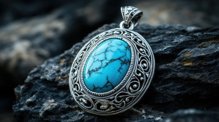 A stunning vintage silver pendant featuring a beautiful turquoise gemstone, elegantly set against a textured natural stone background, showcasing intricate details.の素材