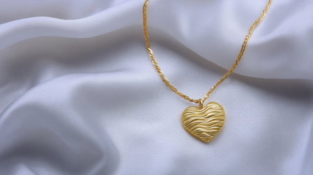 Discover the beauty of this graceful golden heart pendant resting on soft silk fabric, perfect for showcasing jewelry and fashion elegance. Ideal for promotions.の素材