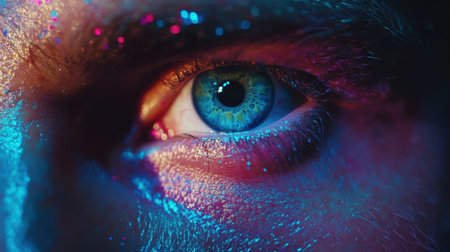 A stunning close-up of an eye featuring mesmerizing colors and artistic glitter effects. The vibrant lighting enhances the intricate details, creating a captivating visual impact.の素材