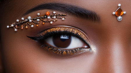 Captivating close-up of an eye adorned with intricate makeup featuring beads and glitter, showcasing natural beauty and artistic flair.の素材