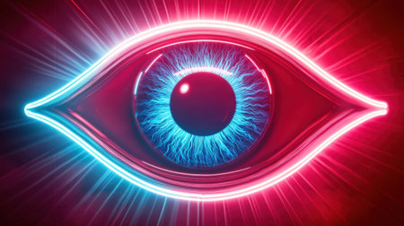 This striking electric eye design features a vivid neon glow with radiating light effects on a dark background, creating a captivating visual experience.の素材