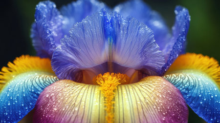 Discover a stunning close-up of an iris flower featuring vibrant shades of blue and yellow. Dew drops adorn the intricate petals, showcasing nature's beauty.の素材