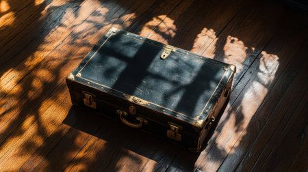 A vintage black suitcase lies on a polished wooden floor, illuminated by soft sunlight that creates beautiful shadows from a nearby window. Perfect for travel-themed visuals.の素材