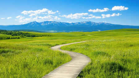 A picturesque landscape featuring a winding wooden pathway through lush green fields, under a vibrant blue sky with fluffy white clouds and stunning mountains.の素材