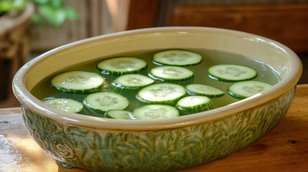 This image features fresh cucumber slices floating in water inside a beautifully designed bowl. Ideal for drinks, spa treatments, and healthy recipes.の素材