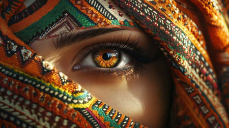 This captivating close-up showcases a stunning eye adorned with intricate patterns from a colorful headscarf, revealing beauty and cultural intricacy.の素材