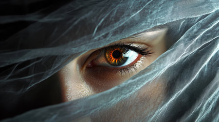 This striking close-up captures a woman's eye framed by a delicate veil, showcasing a vibrant orange iris that conveys mystery and allure.の素材