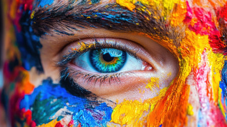 This striking close-up showcases a human eye framed by vibrant and colorful face paint, capturing artistic expression and emotional depth through vivid patterns.の素材