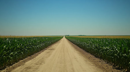 A scenic view captures a dusty road running straight through vibrant green cornfields under a clear blue sky, embodying the essence of summer agriculture.の素材