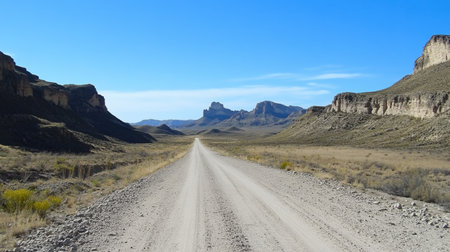 A tranquil view of a dusty road stretching through a rugged mountain landscape under a vast blue sky. The scene invites exploration and adventure.の素材
