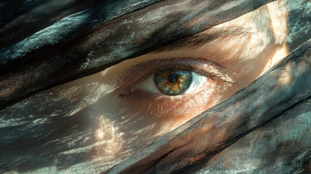 This captivating close-up features a striking human eye, beautifully partially veiled by flowing fabric. The interplay of light and shadow creates a dramatic atmosphere, enhancing the intricate details of the iris and evoking a sense of mystery and beauty. Perfect for artistic exploration.の素材