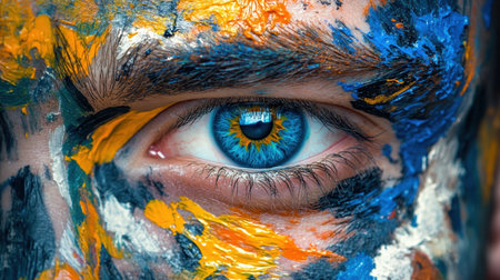 This stunning close-up portrait showcases an artistic individual adorned with vibrant face paint, emphasizing the captivating blue eye that reflects creativity.の素材