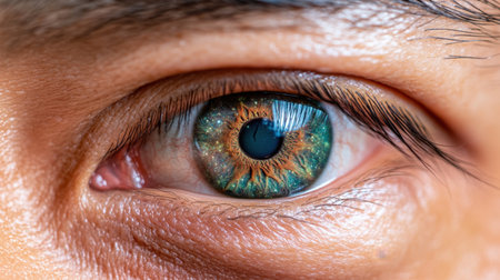 This stunning close-up photograph captures the intricate details of a human eye, showcasing vibrant colors and unique patterns within the iris, illuminating the beauty of human anatomy.の素材