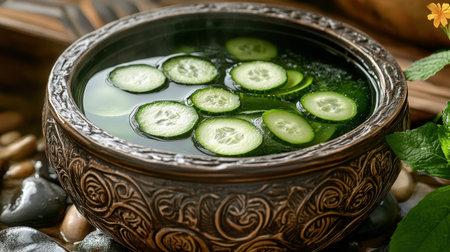 This image captures a serene bowl of cucumber water, featuring thin slices of cucumber in a decorative bowl. The scene evokes relaxation and wellness.の素材