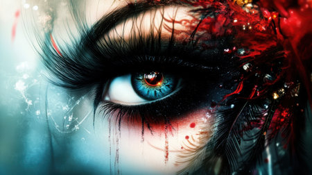 This captivating close-up features a stunning eye adorned with dramatic makeup, vivid colors, and intricate details. The image evokes intense emotions and creativity.の素材
