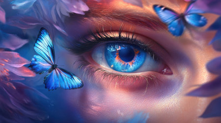 A striking close-up of a mesmerizing blue eye adorned with vibrant butterflies and colorful flowers, capturing the essence of beauty and nature's harmony.の素材
