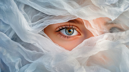 This captivating close-up image features a human eye partially concealed by delicate layers of fabric, showcasing unique colors and textures. The composition evokes intrigue and emotion, drawing attention to the beauty and depth of the gaze.の素材