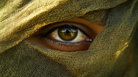 This captivating close-up showcases a mesmerizing eye partially obscured by textured fabric, inviting viewers to ponder the hidden stories within.の素材