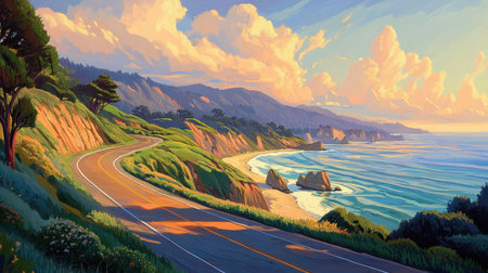 A stunning view of a winding coastal highway beside the ocean, framed by cliffs and lush vegetation, capturing the warmth of sunset and tranquility of nature.の素材