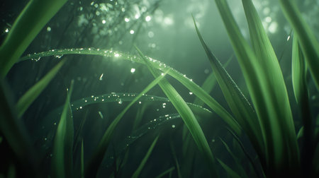 A serene view of lush green grass adorned with shimmering morning dew droplets, creating a tranquil ambiance in a soft light setting.の素材