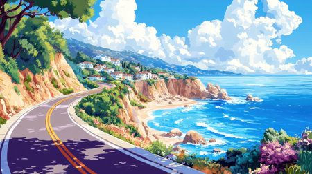 A captivating scene features a winding coastal road lined with vibrant flowers, dramatic cliffs, and a vast ocean beneath a stunning sky filled with fluffy clouds.の素材