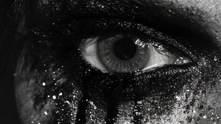 A striking monochrome close-up of an eye adorned with dramatic black glitter, showcasing intense emotions through intricate details and shadows.の素材