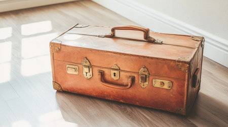 A classic vintage leather suitcase sits elegantly on a wooden floor, illuminated by soft sunlight, capturing the essence of travel and nostalgia in a warm ambiance.の素材