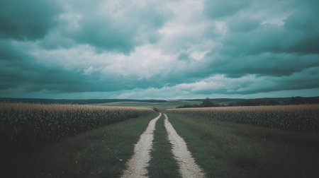 A serene country road winding through lush green fields under a dramatic cloudy sky, evoking a sense of tranquility and natural beauty.の素材