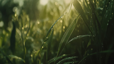 A tranquil scene featuring dewy grass illuminated by soft morning light, showcasing the beauty of nature and highlighting the freshness of a new day.の素材