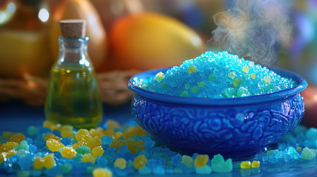 A vibrant blue bowl filled with colorful aromatic bath salts sits on a serene background of essential oil and fresh fruits, perfect for relaxation and spa experiences.の素材