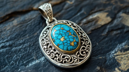 This exquisite vintage silver pendant showcases a stunning turquoise stone set in ornate filigree. Perfect for fashion enthusiasts seeking unique accessories.の素材