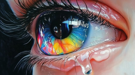 A breathtaking close-up of a human eye featuring a vividly colored iris and a single tear. This image captures deep emotion, beauty, and intricate detail.の素材