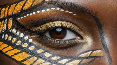 This striking close-up features a beautifully adorned eye showcasing intricate face paint in yellow and white tones. The artwork emphasizes natural beauty and creativity.の素材