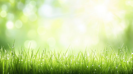 This image showcases a lush patch of green grass adorned with delicate dew drops, illuminated by soft morning light, creating a tranquil natural scene.の素材