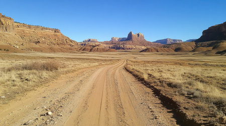 A picturesque dirt road meanders through a vast and rugged landscape, showcasing the beauty of nature in a remote area under a bright blue sky.の素材