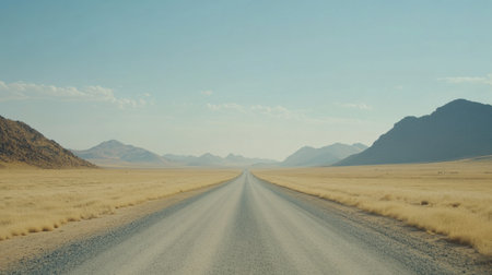A wide, empty road stretches through a breathtaking desert landscape, surrounded by distant mountains and an endless sky, representing freedom and adventure.の素材