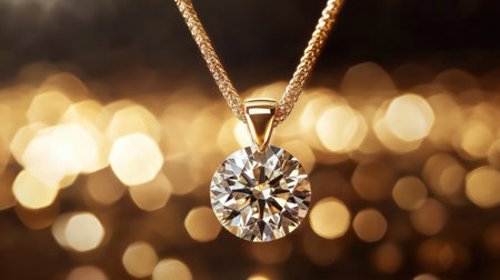 A stunning close-up of a brilliant diamond pendant hanging elegantly on a delicate gold chain. The shimmering golden background enhances the necklaceの素材