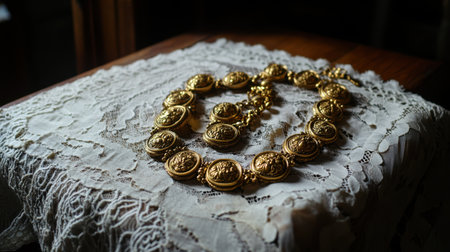 A stunning gold necklace rests elegantly on a vintage lace tablecloth, showcasing exquisite craftsmanship and luxurious design, perfect for any fashion enthusiast.の素材
