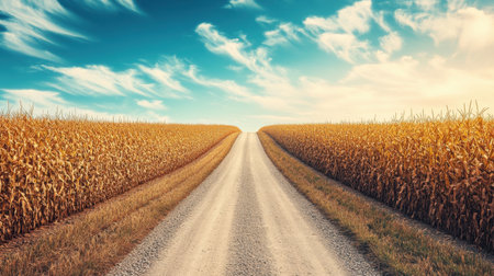 A picturesque dirt road stretches through vibrant golden cornfields, framed by a striking blue sky and wispy clouds, evoking tranquility and natural beauty.の素材