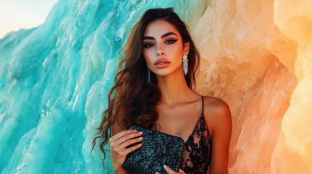 This striking portrait captures an elegant woman with long flowing hair and dramatic makeup, standing against a visually appealing icy backdrop, embodying fashion and beauty.の素材