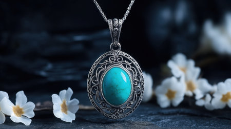 An exquisite antique silver necklace featuring a vibrant turquoise pendant, beautifully displayed on a dark background with delicate white flowers.の素材