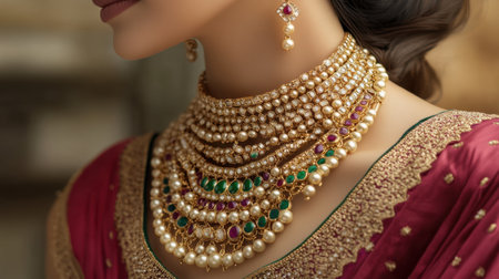 This captivating image features elegant Indian jewelry showcased on a female model, emphasizing intricate designs with pearls and gemstones.の素材