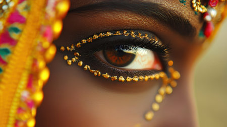 A stunning close-up view of a woman's eye featuring elaborate makeup and traditional jewelry. This image captures beauty, culture, and artistic expression.の素材