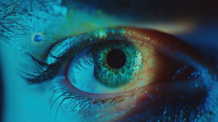 Captivating close-up view of a human eye showcasing intricate details, vibrant colors, and artistic lighting, reflecting emotion and beauty in nature.の素材