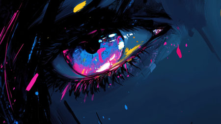 A captivating illustration of a colorful eye featuring vibrant paint splashes against a darkened background, showcasing artistic expression and surreal beauty.の素材