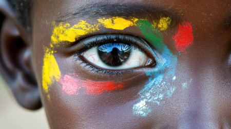 A striking close-up of a child's eye adorned with vibrant face paint. The colorful patterns convey joy and creativity, capturing youthful innocence and expression.の素材