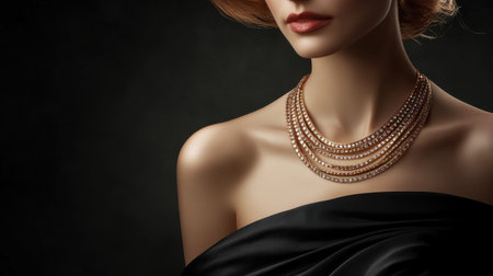 This image captures a stunning closeup of a woman elegantly showcasing a unique gemstone necklace, enhancing her sophisticated look against a dark backdrop.の素材