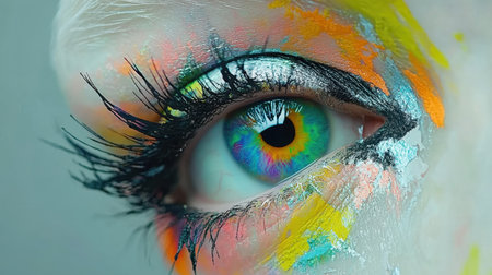This striking close-up image showcases an artistic eye enhanced with colorful makeup and intricate patterns, creating a vibrant and captivating visual experience.の素材